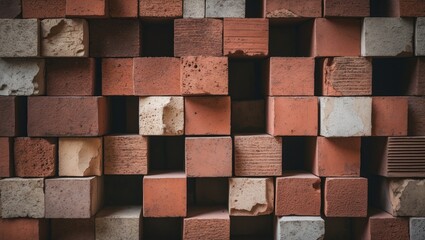 Poster - Stacked red and brown bricks arranged in a textured pattern with some variation in color and surface, suitable for construction backgrounds.