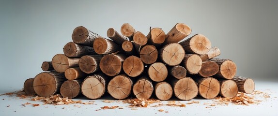 Poster - stack of freshly cut wooden logs with visible rings and bark on a light background with scattered wood shavings on the ground