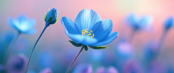 Poster - Blue wildflowers blooming in a field with a soft pastel background and blurred floral elements in the distance.
