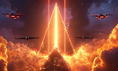 Wall Mural - futuristic pyramid city, drones, and jets