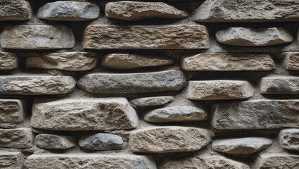 Poster - Textured stone wall with irregularly shaped stones in earthy tones arranged in a staggered pattern for architectural backgrounds