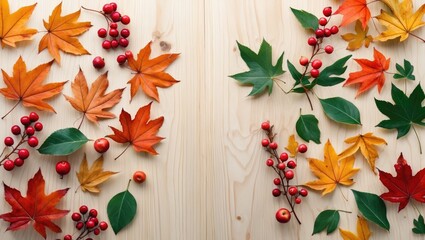 Poster - Colorful autumn leaves and berries arranged on wooden background top view flat lay composition