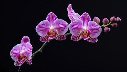 Poster - Pink orchid flowers on a dark background with green stem and budding blooms displaying intricate patterns and textures.