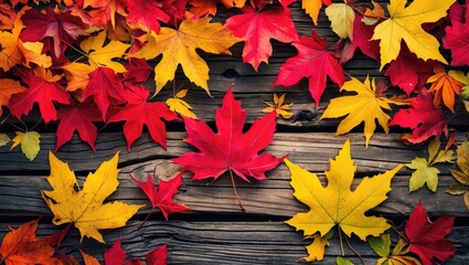 Poster - Colorful autumn leaves on a wooden surface featuring red yellow and orange foliage in a natural setting