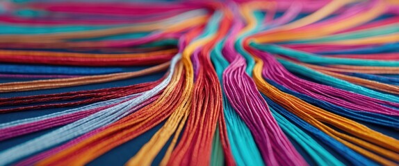Poster - Colorful threads arranged in a wavy pattern on a dark background, showcasing various hues and textures of textile fibers.