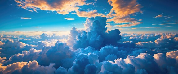 Poster - Vibrant cloud formations in a blue sky at sunset with layered textures and warm sunlight illuminating the scene