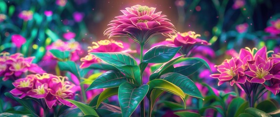 Poster - vibrant pink flowers with green leaves in a lush garden setting illuminated by soft light and colorf