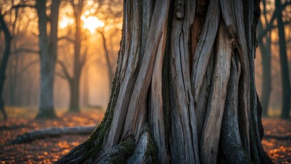 Poster - large weathered tree trunk in autumn forest during golden hour with soft sunlight filtering through 