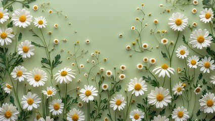 Poster - Daisy flower arrangement on green background with leaves and small buds in a flat lay composition