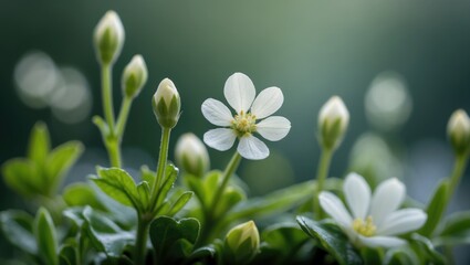 Poster - delicate white flowers blooming with green foliage in soft natural light showcasing floral beauty and fresh spring atmosphere