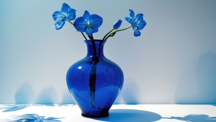 Wall Mural - Elegant blue vase with flowers on clean white backdrop showcasing beauty and simplicity in interior decoration.