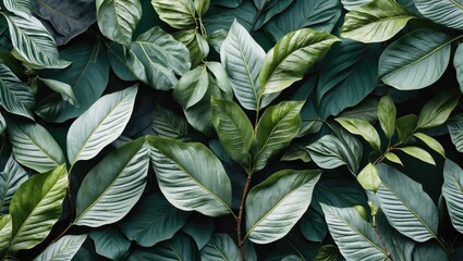 Poster - green tropical leaves background with various shapes and textures arranged in a flat lay composition