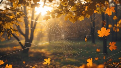 Poster - spider web with dew drops among autumn leaves and soft sunlight filtering through trees in tranquil 