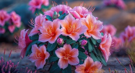 Poster - Pink azalea flowers in bloom with green leaves against a blurred background of additional flowers in a garden setting.