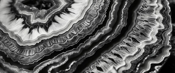 Poster - Black and white geological agate stone close-up displaying intricate patterns and textures of mineral layers