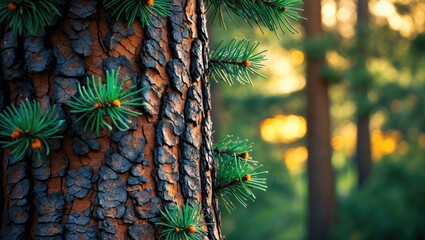 Poster - Close-up view of pine tree bark with green needles and blurred forest background during sunset light