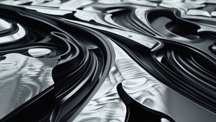 Poster - Abstract black and silver 3D textured surface with smooth curves and sharp edges reflecting light in a dynamic pattern