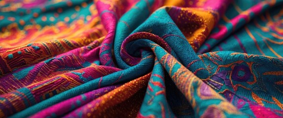Poster - Colorful patterned fabric with intricate designs in teal, purple, and orange gently folded showcasing texture and detail.