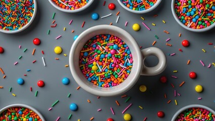 Canvas Print - Ceramic cup overflowing with colorful rainbow sprinkles on a grey background surrounded by additional sprinkles and decorative candies.