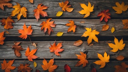 Poster - colorful autumn leaves scattered on wooden planks creating a natural textured background in warm sea