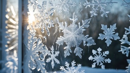 Wall Mural - Frosty snowflakes on glass window with sunlight illuminating intricate patterns of winter season decorations