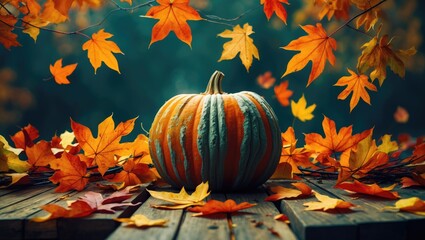 Poster - Orange pumpkin surrounded by colorful autumn leaves on wooden surface with soft background lighting