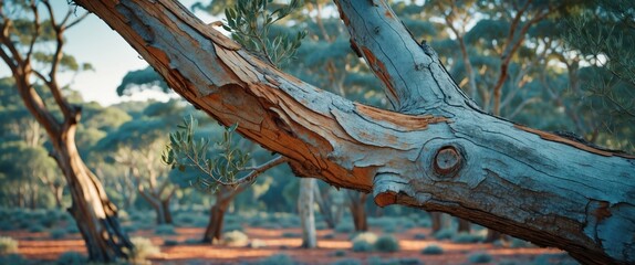 Poster - Close-up view of weathered tree bark in an Australian eucalyptus forest during daylight with blurred background trees