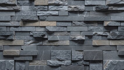 Poster - Textured stone wall with a mix of flat and uneven gray stones arranged in a modern pattern for interior or exterior design applications