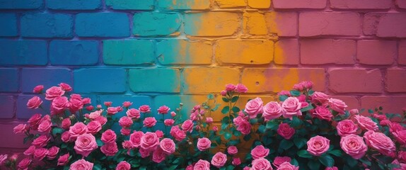 Poster - Colorful brick wall background with pink roses in foreground vibrant and artistic decorative scene