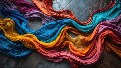 Poster - Colorful flowing fabrics arranged on rustic wooden surface with soft natural light highlighting texture and hues.