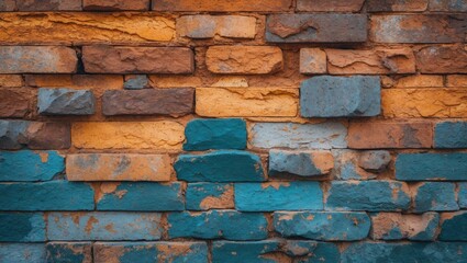 Poster - Textured brick wall in varying colors including blue, orange, and brown with weathered surfaces and uneven layers