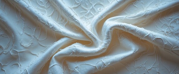 Poster - Textured white fabric with delicate embossed pattern and soft draping folds suitable for various fabric design applications.