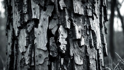 Poster - Detailed close-up of textured tree bark in black and white highlighting organic patterns and natural imperfections