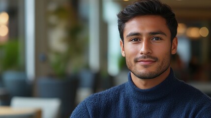 Wall Mural - stylish indian man wearing dark blue sweater posing with confident and modern fashion look in trendy outfit featuring handsome face and relaxed casual expression