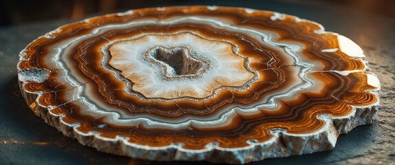 Poster - Brown and white agate stone slice with concentric banding and natural cavity on a dark surface