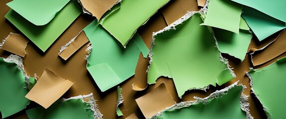 Poster - Colorful torn paper scraps layered on a textured background showcasing shades of green and brown with visible paper fibers and edges.