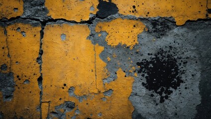 Poster - Textured concrete wall with yellow and black paint peeling off revealing the gray base surface underneath.