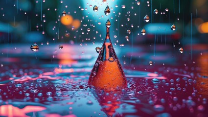 Poster - Close-up of water droplets splashing in a puddle with colorful reflections creating a dynamic abstract background