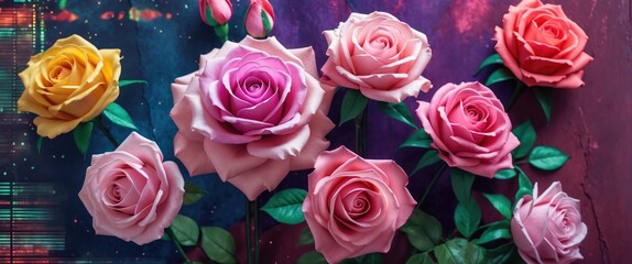 Poster - Various colored roses arranged artistically with dark background and subtle lighting highlighting petals and leaves.
