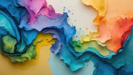 Poster - Colorful abstract paper texture with layered waves in shades of blue, green, yellow, pink and orange on soft background