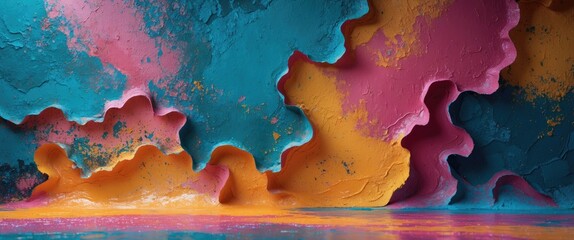 Poster - Colorful textured wall with abstract patterns in blue, pink, and orange hues illuminated by soft light.