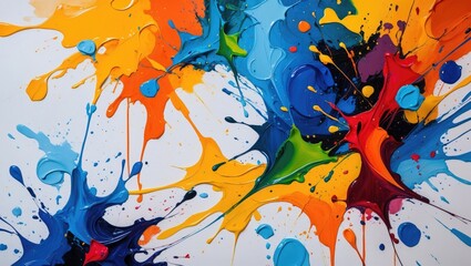  - Colorful paint splashes on white canvas creating an abstract pattern in vibrant hues of blue orange green red and yellow