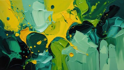 Poster - Abstract painting with vibrant green and yellow colors featuring fluid organic shapes and textured layers of paint.
