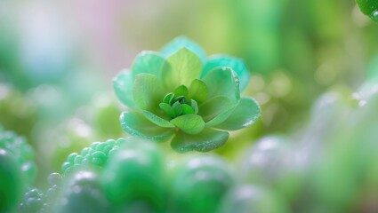 Wall Mural - Green succulent plant with layered leaves surrounded by soft focus greenery in natural light creating a fresh botanical atmosphere