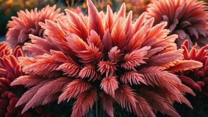 Poster - vibrant cluster of pink and red ornamental plants with elongated leaves captured in natural light du