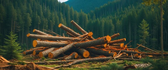 Poster - Log pile in a dense forest with mountains in the background during daylight showcasing natural wood products and forestry practices