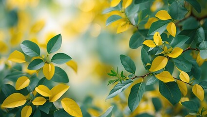 Poster - green leaves with vibrant yellow accents on blurred background with soft natural lighting