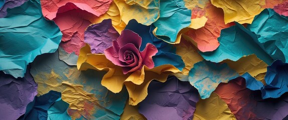 Poster - Colorful crumpled paper background with a handcrafted paper rose in the center decorative texture art design