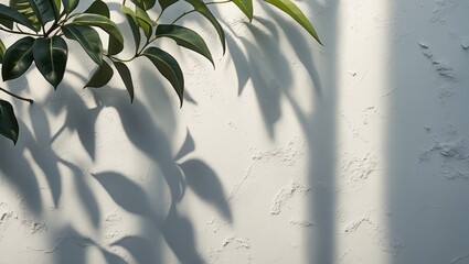 Poster - green leaves casting shadows on textured white wall in natural light creating an abstract pattern of
