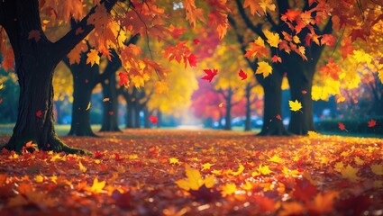 Poster - Autumn landscape with colorful falling leaves along a tree-lined path in a park setting showcasing vibrant orange and yellow foliage